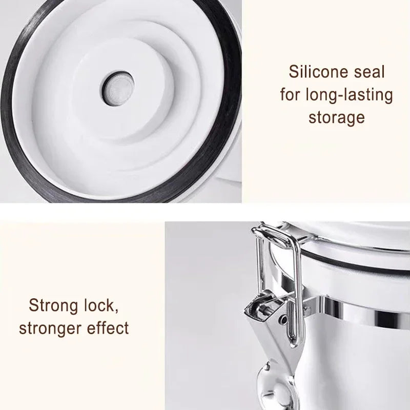 Stainless Steel Coffee Beans Vacuum Storage Jar with Spoon - Large Capacity, Airtight Seal