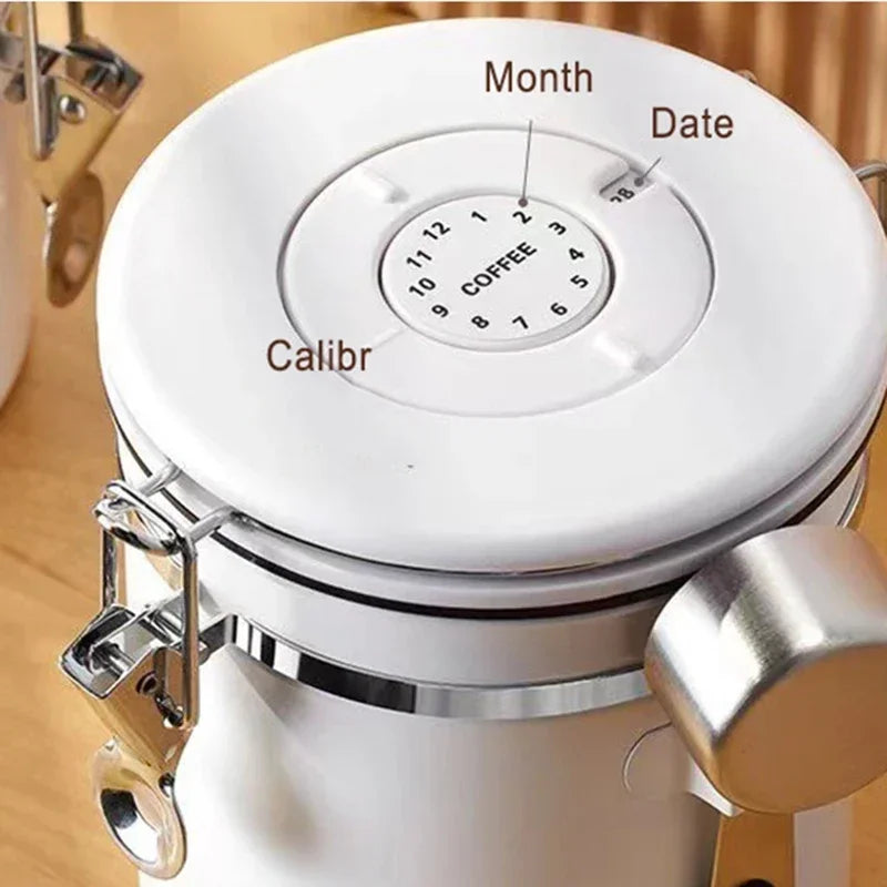 Stainless Steel Coffee Beans Vacuum Storage Jar with Spoon - Large Capacity, Airtight Seal