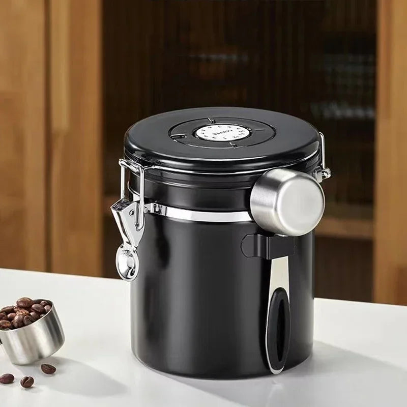 Stainless Steel Coffee Beans Vacuum Storage Jar with Spoon - Large Capacity, Airtight Seal