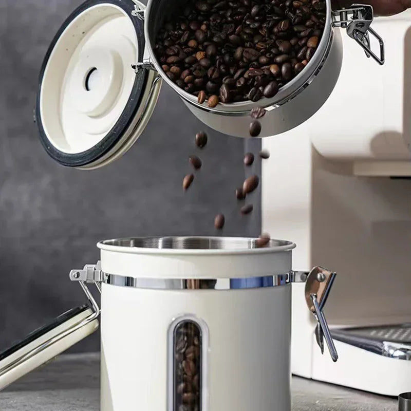 Stainless Steel Coffee Beans Vacuum Storage Jar with Spoon - Large Capacity, Airtight Seal