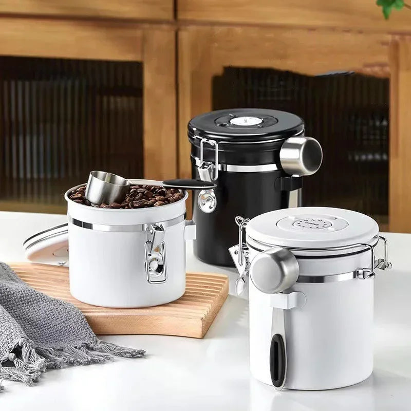 Stainless Steel Coffee Beans Vacuum Storage Jar with Spoon - Large Capacity, Airtight Seal