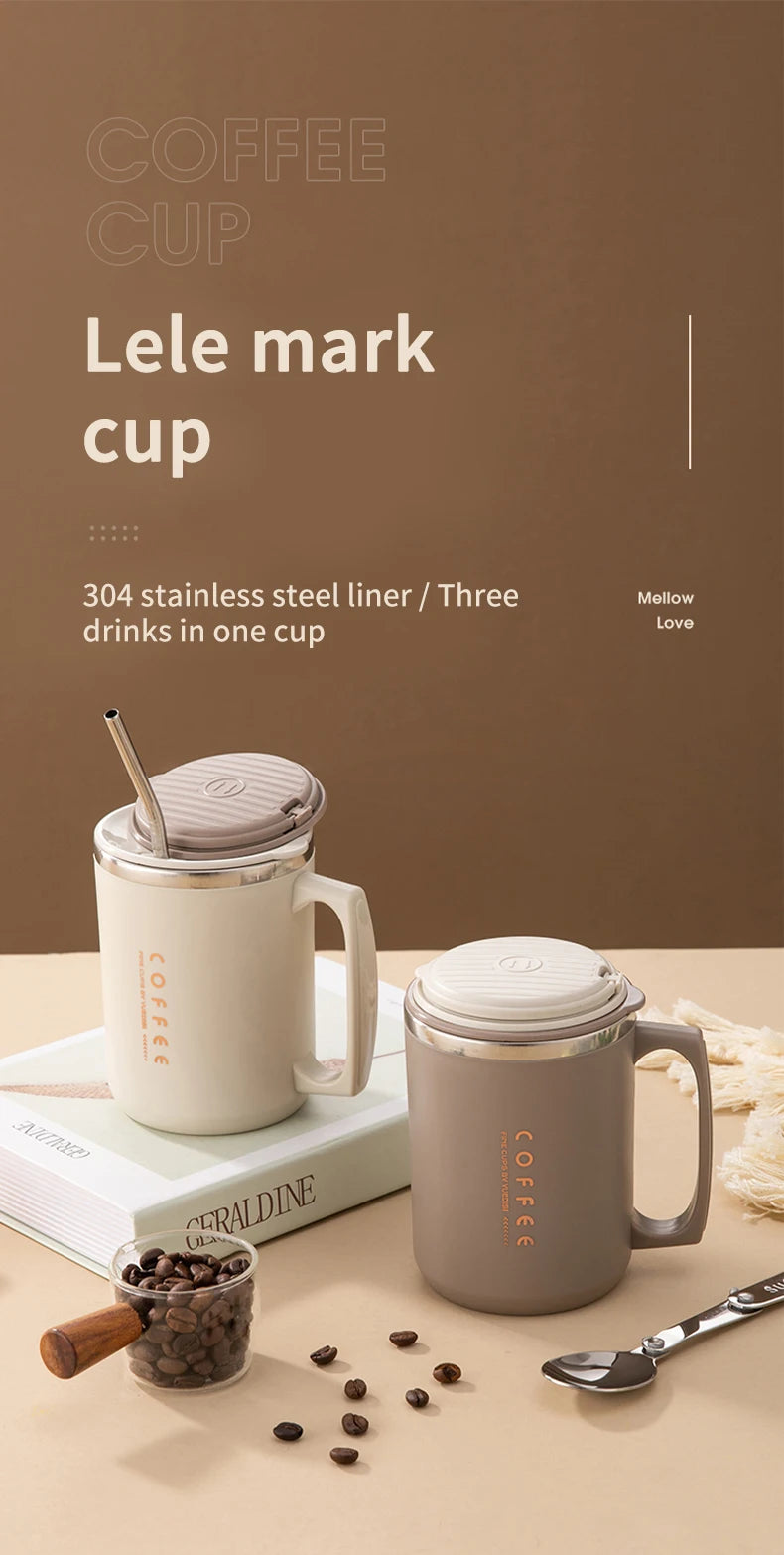480ML Coffee Cup with Straw & Spoon – 304 Stainless Steel Reusable Leak-Proof Mug