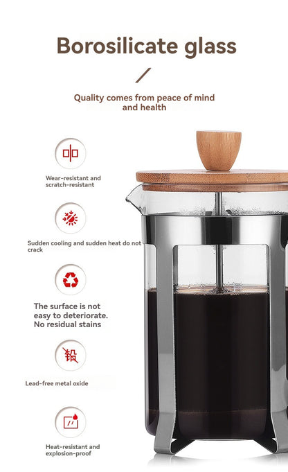 Stylish French press with bamboo accents for fresh, easy coffee brewing.