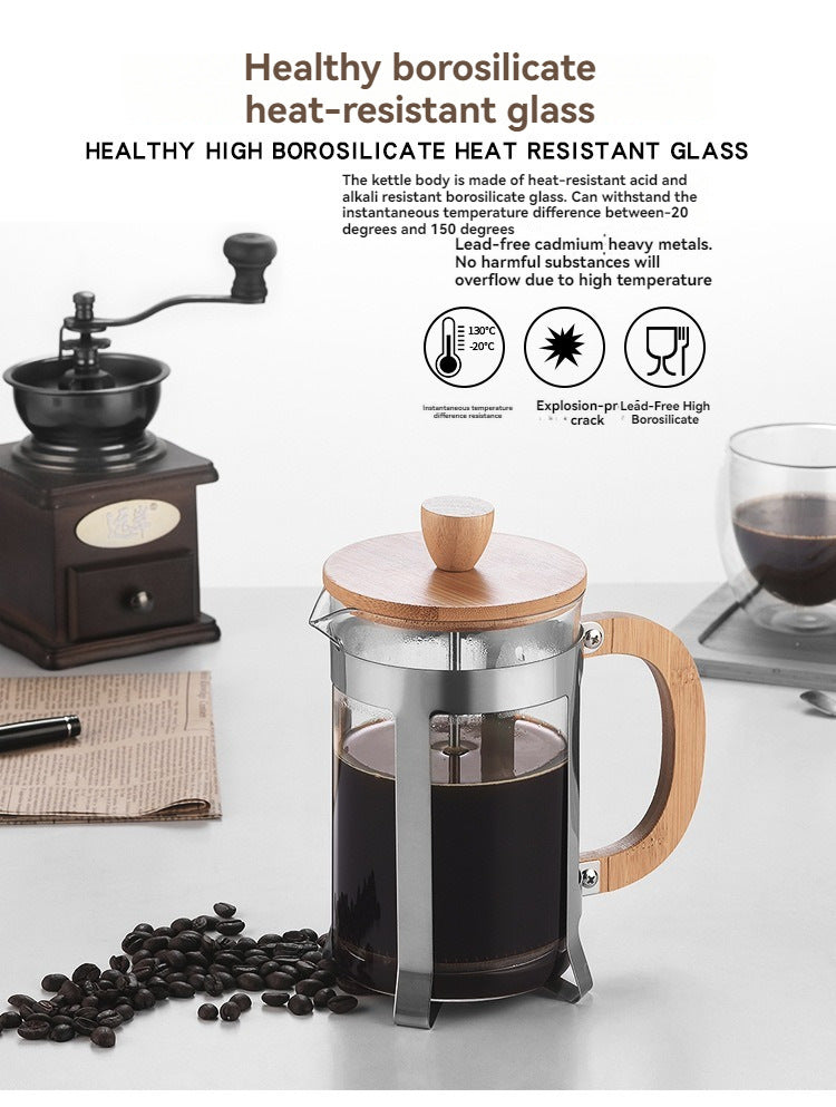 Stylish French press with bamboo accents for fresh, easy coffee brewing.