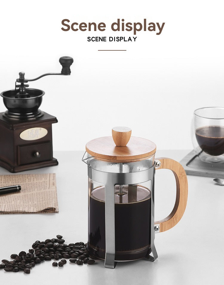 Stylish French press with bamboo accents for fresh, easy coffee brewing.