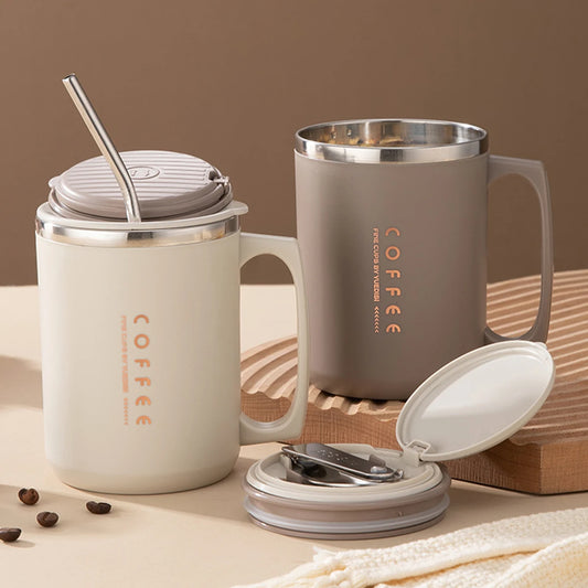 480ML Coffee Cup with Straw & Spoon – 304 Stainless Steel Reusable Leak-Proof Mug