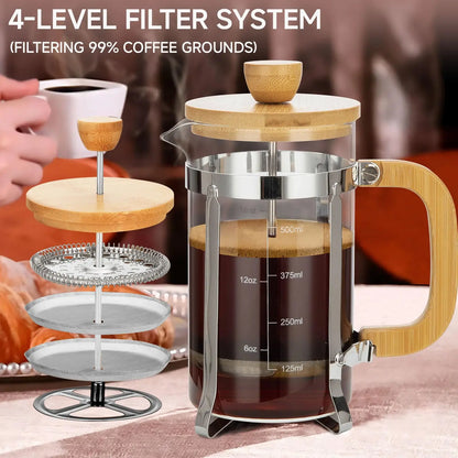 Stylish French press with bamboo accents for fresh, easy coffee brewing.