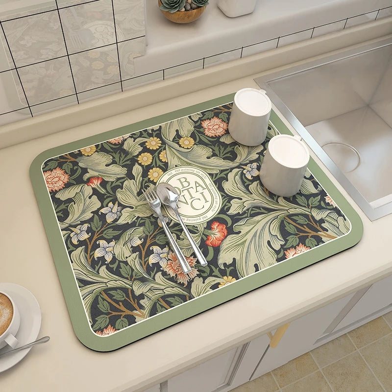 Stylish and functional absorbent mat for countertops, coffee stations, or dining areas.