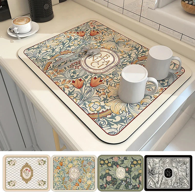 Stylish and functional absorbent mat for countertops, coffee stations, or dining areas.