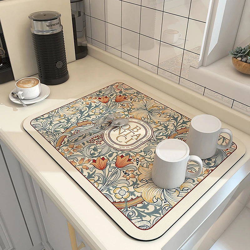 Stylish and functional absorbent mat for countertops, coffee stations, or dining areas.