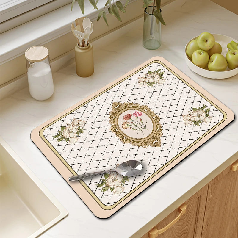 Stylish and functional absorbent mat for countertops, coffee stations, or dining areas.