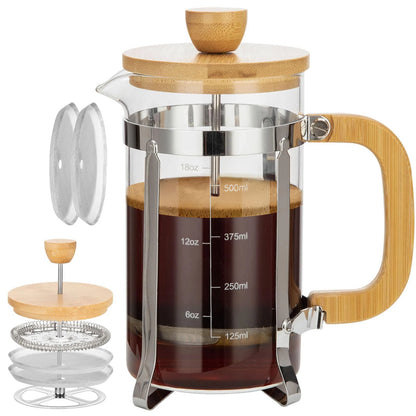 Stylish French press with bamboo accents for fresh, easy coffee brewing.