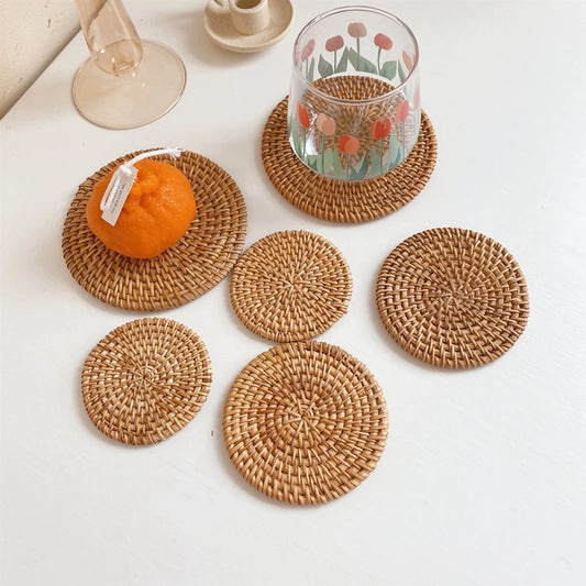 Round Rattan Coffee Coaster - Hand-Woven Table Mats for Home Kitchen