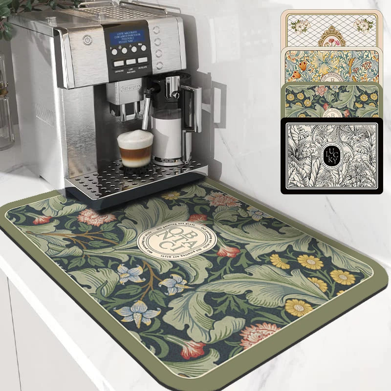 Stylish and functional absorbent mat for countertops, coffee stations, or dining areas.