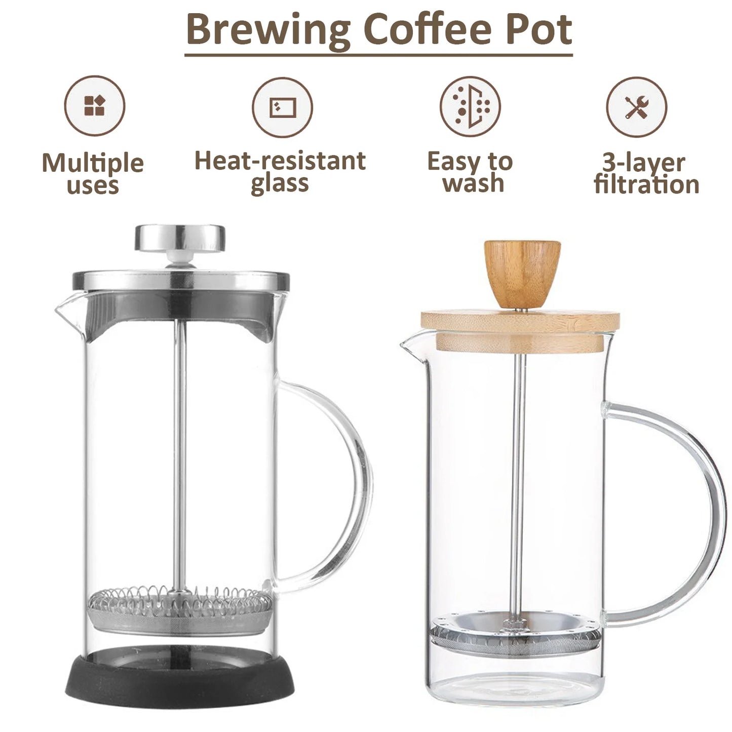 French Press Coffee Pot – Hand Brewing Coffee Pot (800-1000ml / 26-34oz) Stainless Steel & Glass