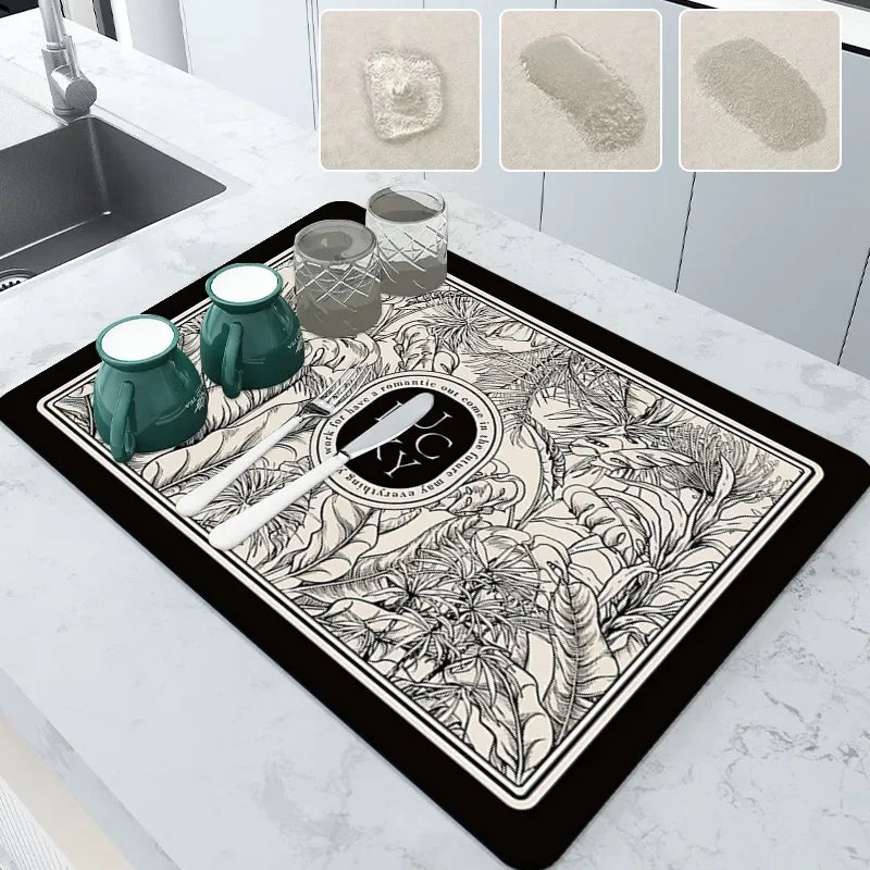 Stylish and functional absorbent mat for countertops, coffee stations, or dining areas.