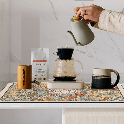 Stylish and functional absorbent mat for countertops, coffee stations, or dining areas.