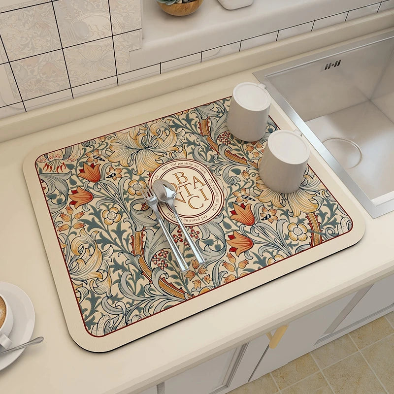 Stylish and functional absorbent mat for countertops, coffee stations, or dining areas.