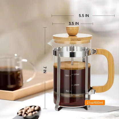 Stylish French press with bamboo accents for fresh, easy coffee brewing.