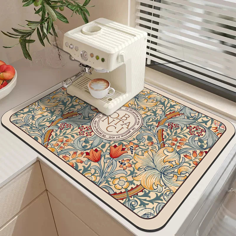 Stylish and functional absorbent mat for countertops, coffee stations, or dining areas.